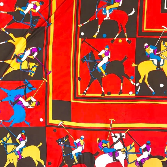 AUTH VINTAGE CHRISTIAN DIOR 78cm x 78cm LARGE MULTICOLOR JOCKEY RED SCARF SILK - Picture 7 of 9